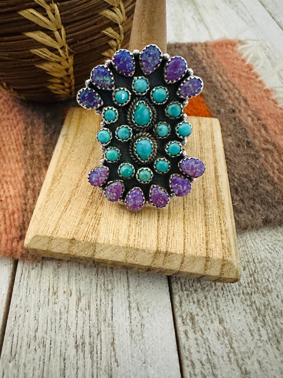 Handmade Sterling Silver, Turquoise & Purple Opal Cluster Adjustable Ring by Nizhoni