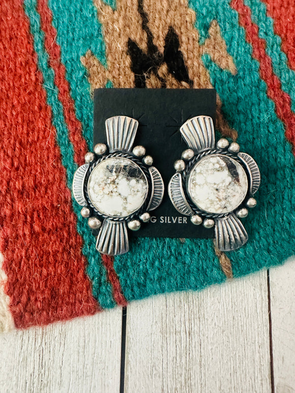 Navajo White Buffalo & Sterling Silver Post Earrings