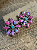 Handmade Sterling Silver, Hot Pink Opal and Turquoise Post Cluster Earrings