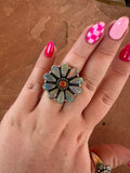 Beautiful Handmade Pink Opal, Orange Fire Opal And Sterling Silver Adjustable Flower Ring