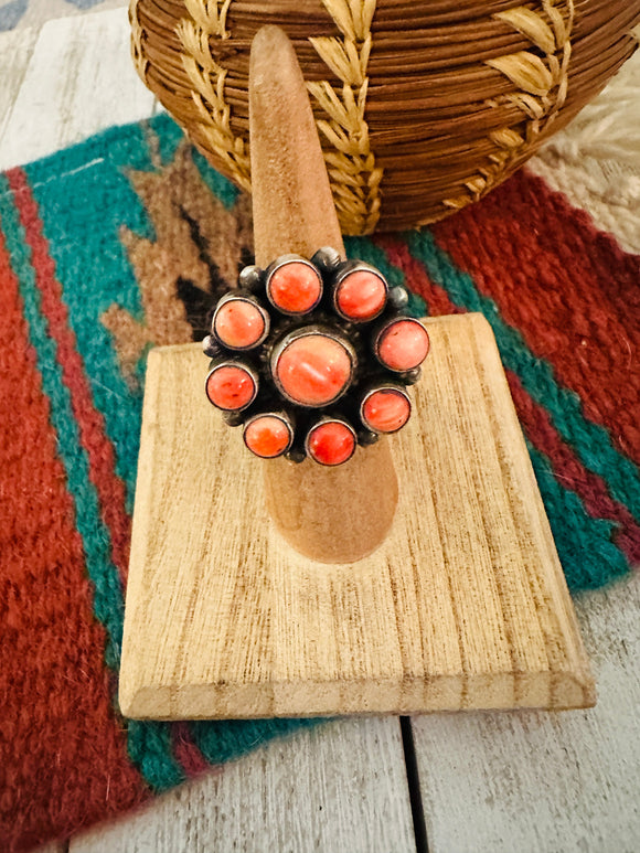 Navajo Sterling Silver & Orange Spiny Cluster Ring Size 6