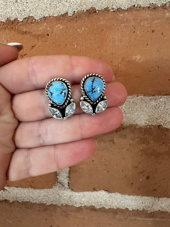 Handmade Golden Hills Turquoise, CZ and Sterling Silver Post Earrings