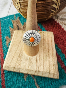 Navajo Sterling Silver & Orange Spiny Concho Adjustable Ring