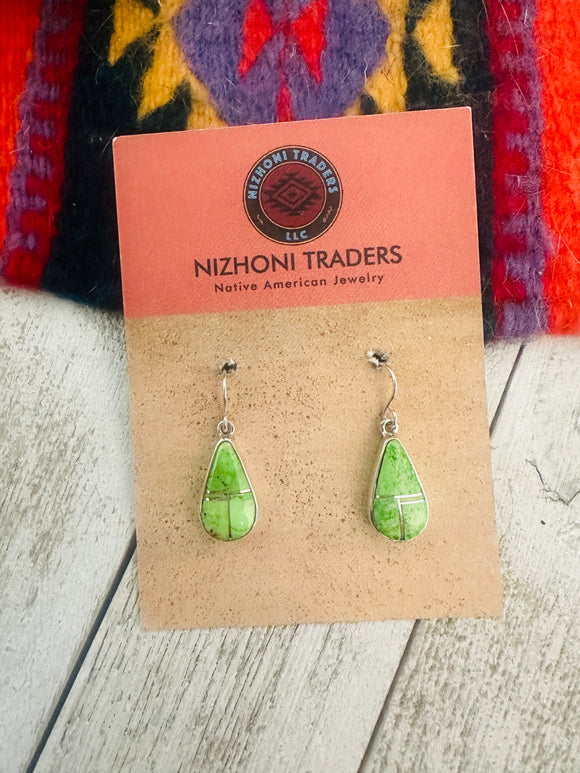 Navajo Sterling Silver Gaspeite Inlay Dangle Earrings