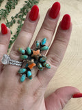 Beautiful Handmade Spice, Turquoise And Sterling Silver Adjustable Cluster Star Ring