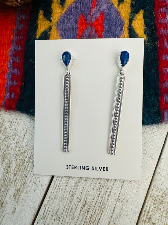 Navajo Lapis & Sterling Silver Drop Dangle Earrings Signed