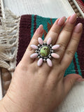 “Pink Blossom” Gorgeous Navajo Turquoise, Pink Conch And Sterling Silver Adjustable Flower Ring Signed