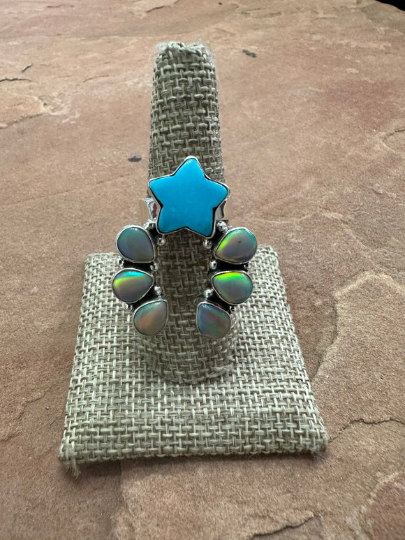 Beautiful Handmade Turquoise, Opal And Sterling Silver Adjustable Star Ring