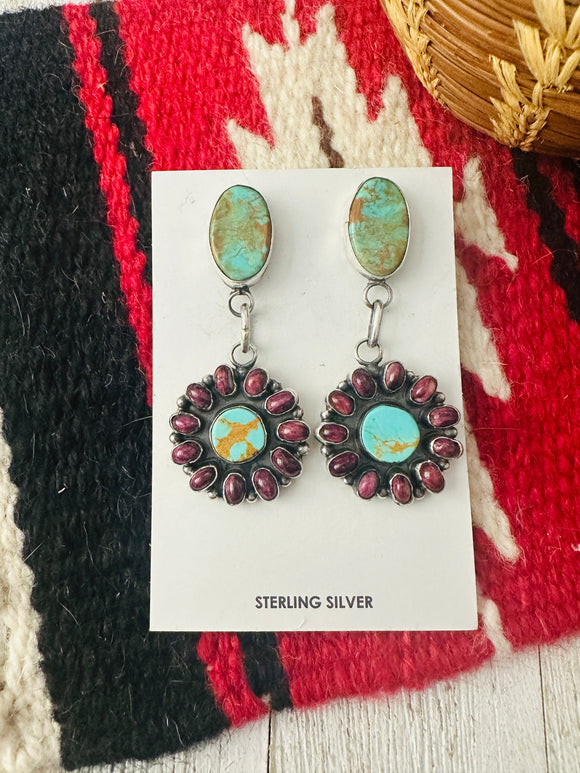 Navajo Turquoise, Spiny & Sterling Silver Dangle Earrings by Jacqueline Silver