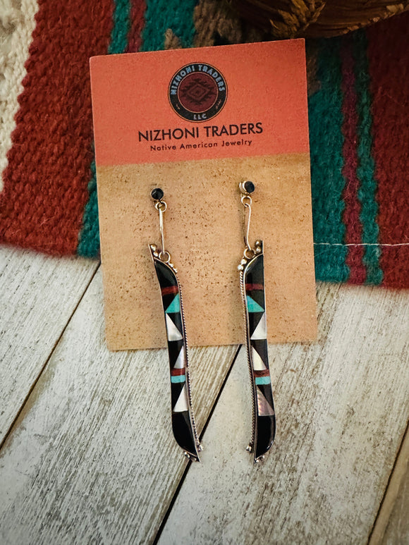 Zuni Multi Stone & Sterling Silver Inlay Dangle Earrings