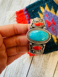 Old Pawn Navajo Sterling Silver, Turquoise & Coral Cuff Bracelet