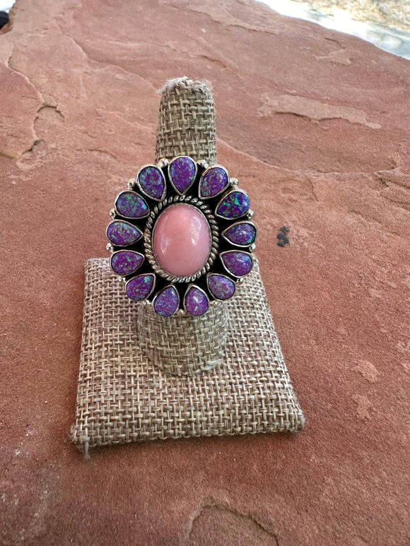 Handmade Pink Conch, Purple Fire Opal & Sterling Silver Adjustable Ring