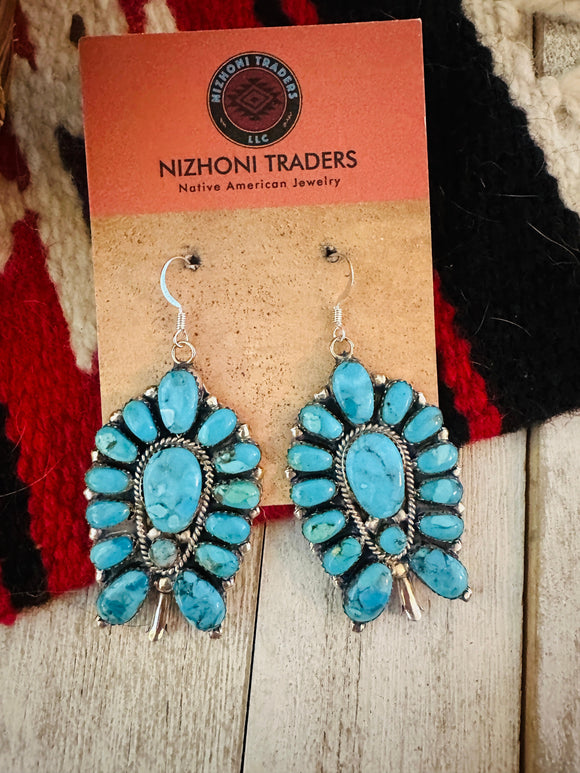 Navajo Turquoise & Sterling Silver Cluster Blossom Dangle Earrings