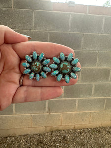 Handmade Flower Sterling Silver, Blue Fire Opal, Number 8 Turquoise Cluster Post Earrings Signed Nizhoni