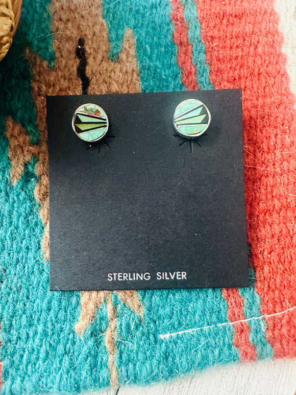 Navajo Turquoise, Onyx & Sterling Silver Inlay Stud Earrings