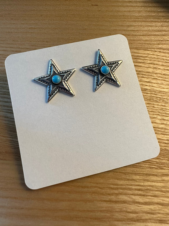 Beautiful Navajo Turquoise & Sterling Silver Star Stud Earrings