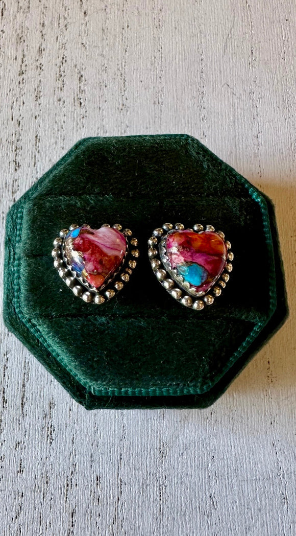 Handmade Pink Dream Mojave and Sterling Silver Heart Earrings Signed Nizhoni