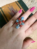 Beautiful Handmade Sterling Silver, Golden Hills Turquoise & Coral Adjustable Ring