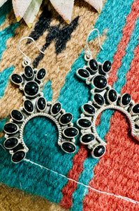 Handmade Onyx & Sterling Silver Naja Style Dangle Earrings Signed Nizhoni