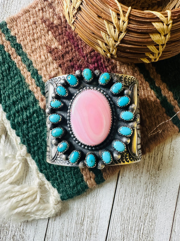 Navajo Sterling Silver, Turquoise & Queen Pink Conch Cuff Bracelet