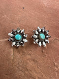 Handmade Flower Sterling Silver, Wild Horse, Number 8 Turquoise Cluster Post Earrings Signed Nizhoni