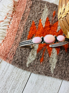 Navajo Queen Pink Conch Shell & Sterling Silver 3-Stone Cuff Bracelet