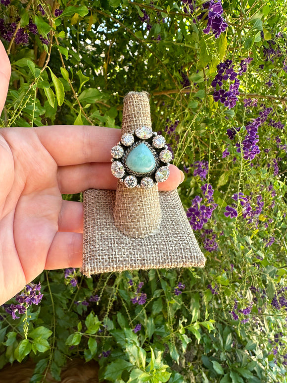 Handmade Larimar, CZ & Sterling Silver Adjustable Ring