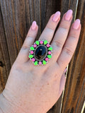 “Electric Glow” Black Onyx & Fire Opal & Sterling Silver Handmade Adjustable Ring