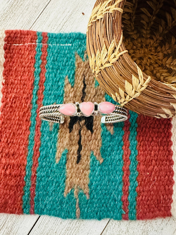 Navajo Queen Pink Conch Shell & Sterling Silver Heart Cuff Bracelet