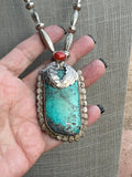 Vintage Old Pawn Navajo Morenci Turquoise & Coral Sterling Silver Beaded Necklace