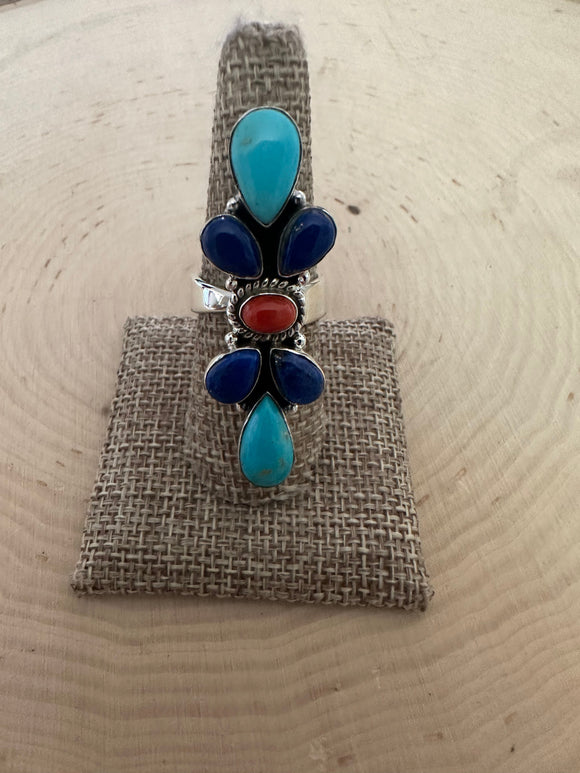 Beautiful Handmade Sterling Silver Lapis, Turquoise & Coral Adjustable Ring