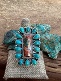 Navajo Made Spice, Kingman Turquoise And Sterling Silver Adjustable Statement  Ring