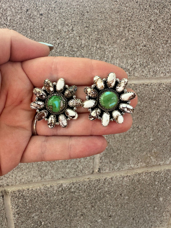 Handmade Flower Sterling Silver, Wild Horse, Sonoran Turquoise Cluster Post Earrings Signed Nizhoni