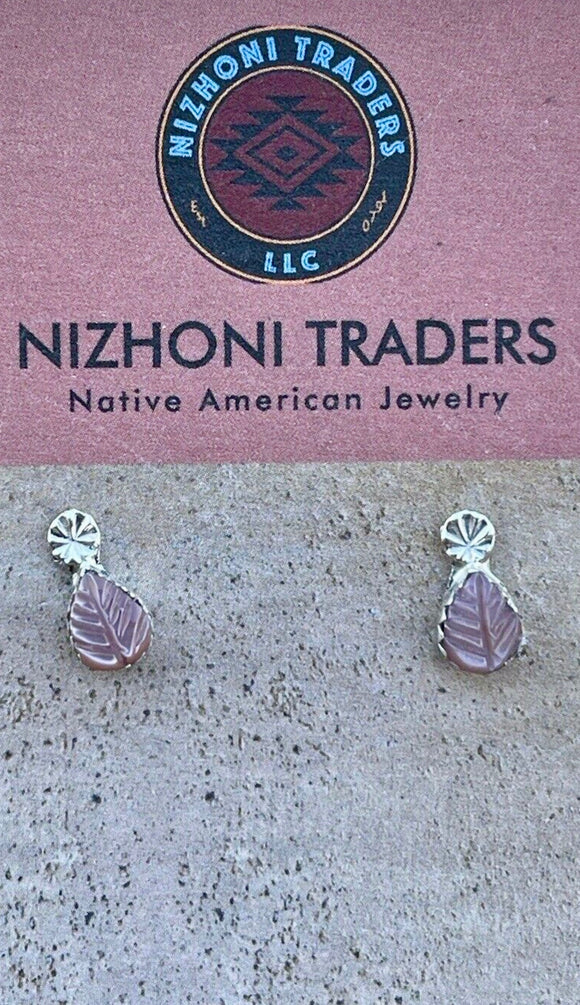 Zuni Sterling Silver & Pink Mussel Shell Leaf Earrings