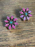 Handmade Sterling Silver, Hot Pink Opal and Turquoise Post Cluster Earrings