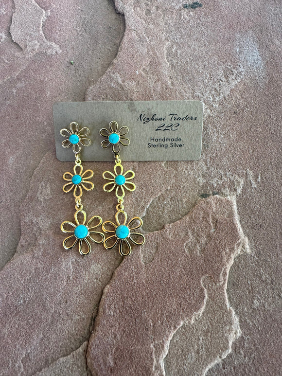 “The Golden Collection” Natural Turquoise Daisy 3 Stone Handmade 14k Gold Plated Earrings