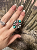 Beautiful Handmade Rhodonite, Turquoise, CZ And Sterling Silver Adjustable Ring