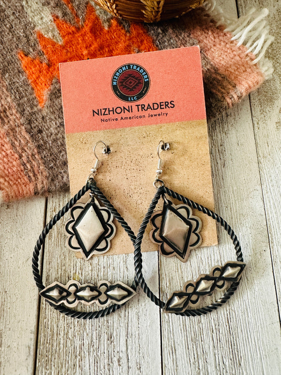 Navajo Hand Stamped Sterling Silver Concho Dangle Earrings