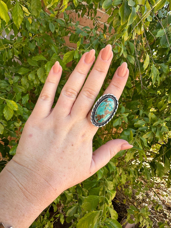 Beautiful Navajo Sterling Silver & Single Stone Turquoise Adjustable Ring OVAL STYLE Signed