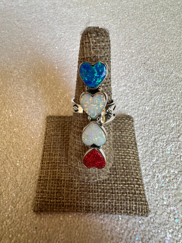 4TH OF JULY COLLECTION Handmade Red, White & Blue Fire Opal & Sterling Silver Adjustable Ring Signed Nizhoni