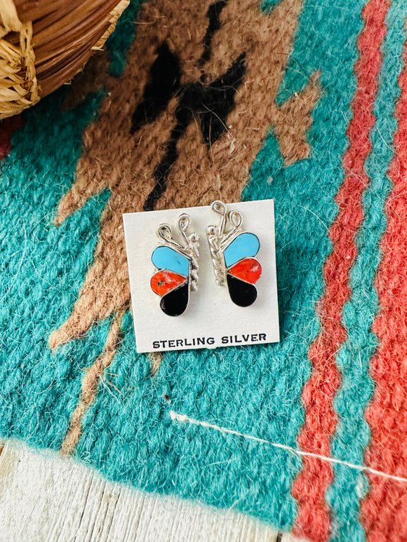 Zuni Sterling Silver & Multi Stone Butterfly Stud Earrings