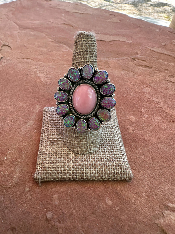 Handmade Pink Conch, Light Purple Fire Opal & Sterling Silver Adjustable Ring