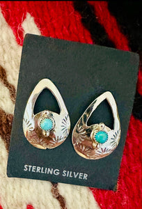 Navajo Hand Stamped Sterling Silver & Turquoise Teardrop Earrings