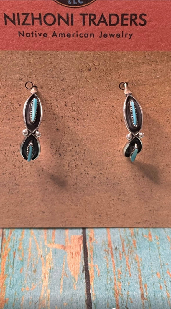 Zuni Sterling Silver Needlepoint Turquoise Inch Hoop Earrings