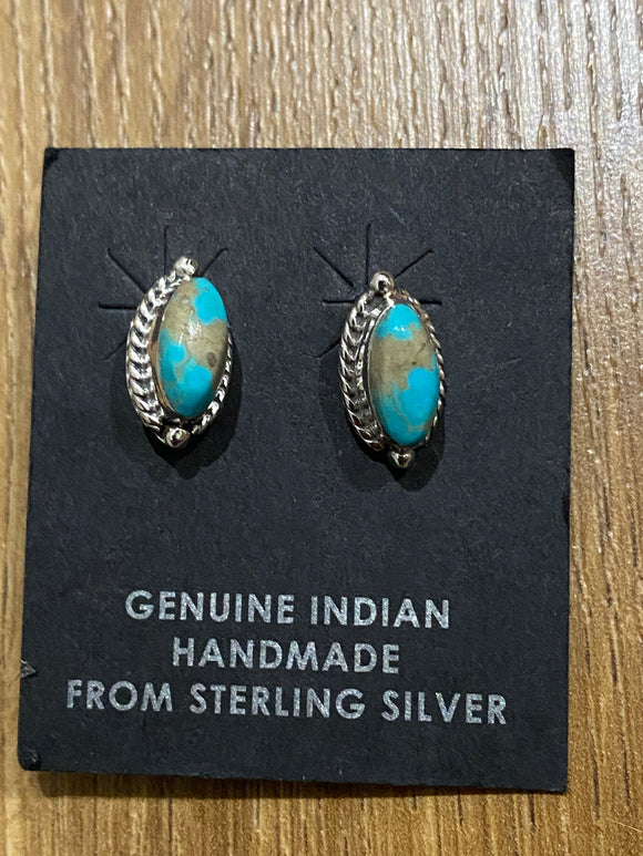 Navajo Turquoise and Sterling Silver Marquise  Stud Earrings