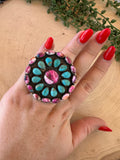 Beautiful Handmade Turquoise, Pink Dream Mojave, And Sterling Silver Adjustable Statement Ring