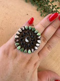 Beautiful Handmade Palomino Turquoise, Onyx, White Buffalo, Wild Horse And Sterling Silver Adjustable Statement Ring