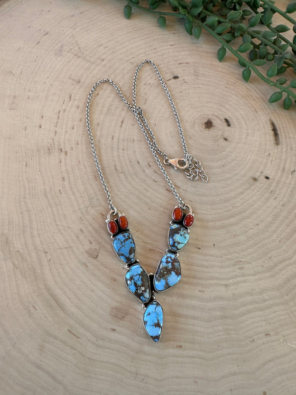 Handmade Sterling Silver, Coral & Golden Hills Turquoise Cactus Necklace