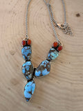 Handmade Sterling Silver, Coral & Golden Hills Turquoise Cactus Necklace