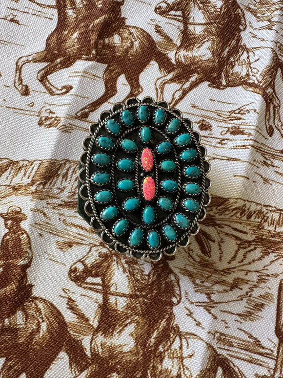 “Desert Roads” Handmade Turquoise, Pink Fire Opal & Sterling Silver Adjustable Ring